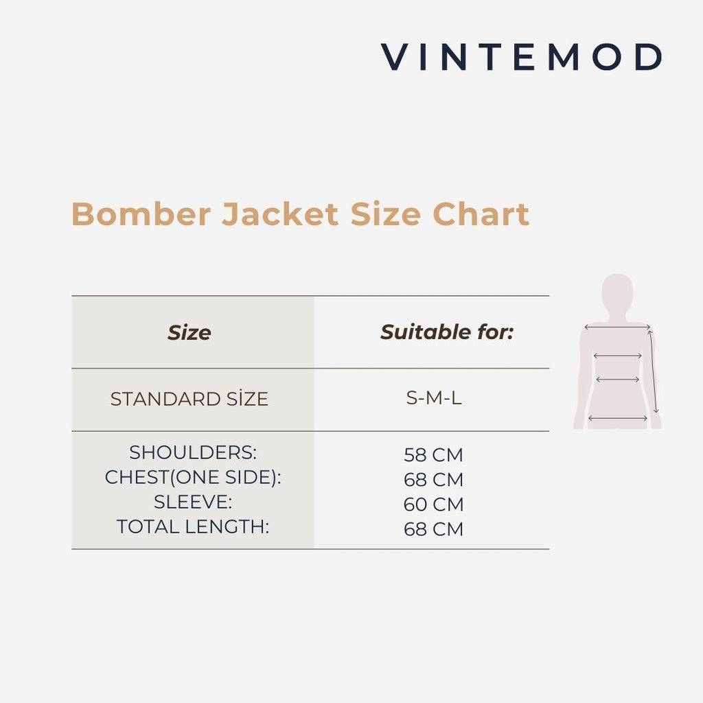 A Vintemod bomber jacket size chart graphic on a light gray background, showing a table with size information for standard size jackets and a simple body outline indicating measurements.