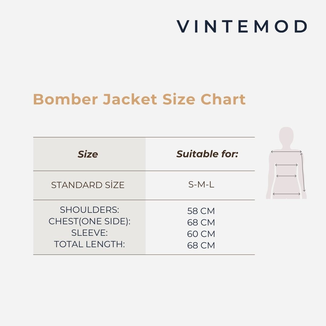 A Vintemod bomber jacket size chart graphic on a light gray background, showing a table with size information for standard size jackets and a simple body outline indicating measurements.