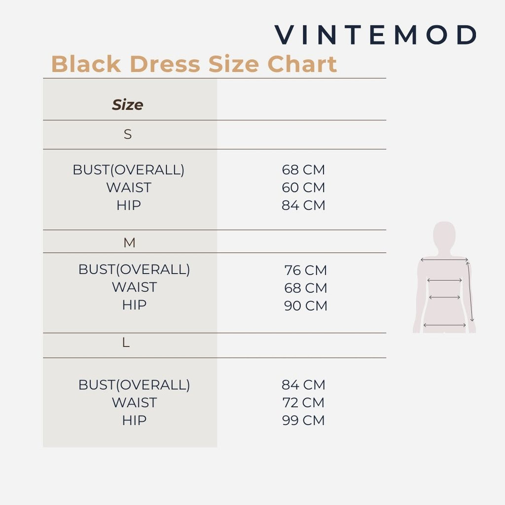A Vintemod black dress size chart graphic showing measurements for sizes S, M, and L, including bust, waist, and hip dimensions in centimeters, with a simple body outline diagram on a light gray background.