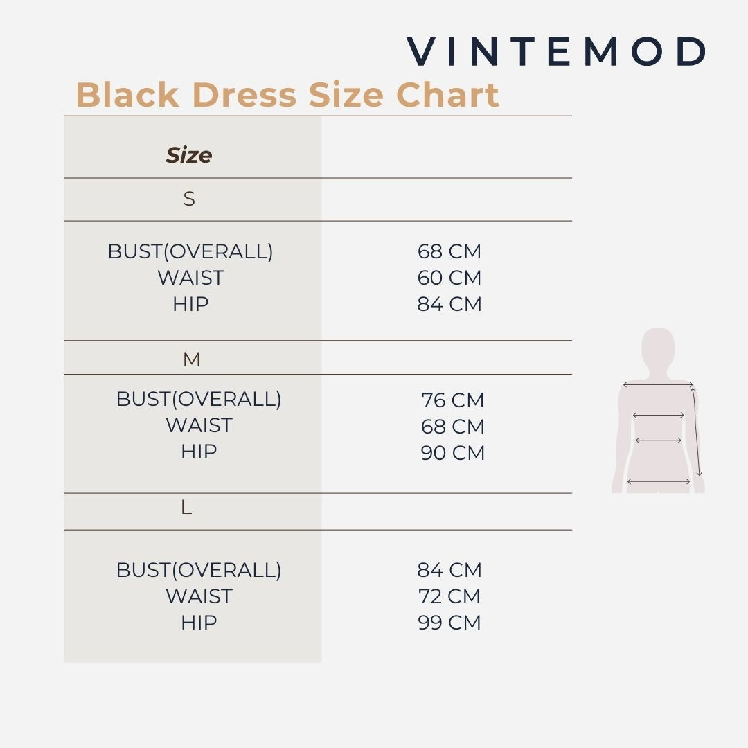 A Vintemod black dress size chart graphic showing measurements for sizes S, M, and L, including bust, waist, and hip dimensions in centimeters, with a simple body outline diagram on a light gray background.