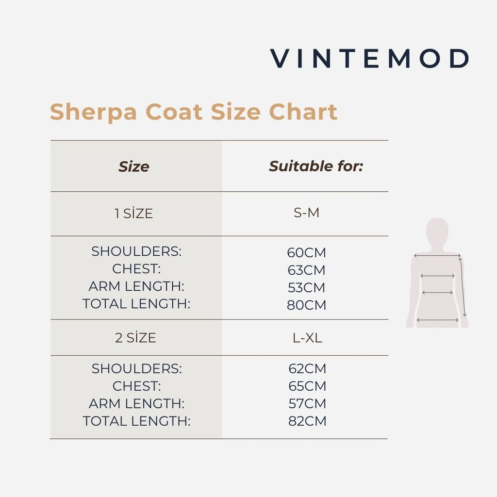 A Vintemod Sherpa coat size chart graphic with a table listing measurements for 1 size (S-M) and 2 size (L-XL), plus a simple body outline on a light gray background.