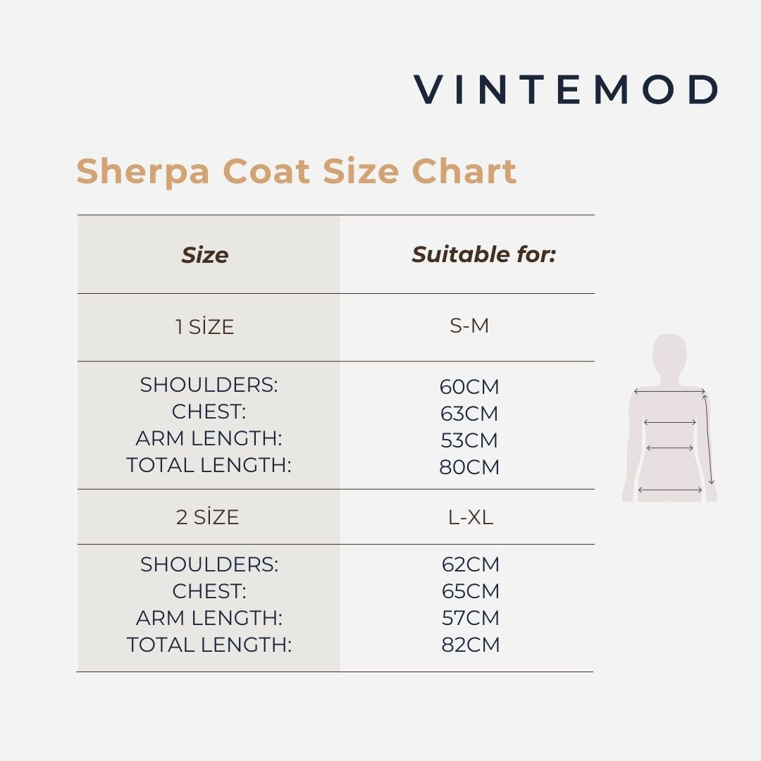 A Vintemod Sherpa coat size chart graphic with a table listing measurements for 1 size (S-M) and 2 size (L-XL), plus a simple body outline on a light gray background.