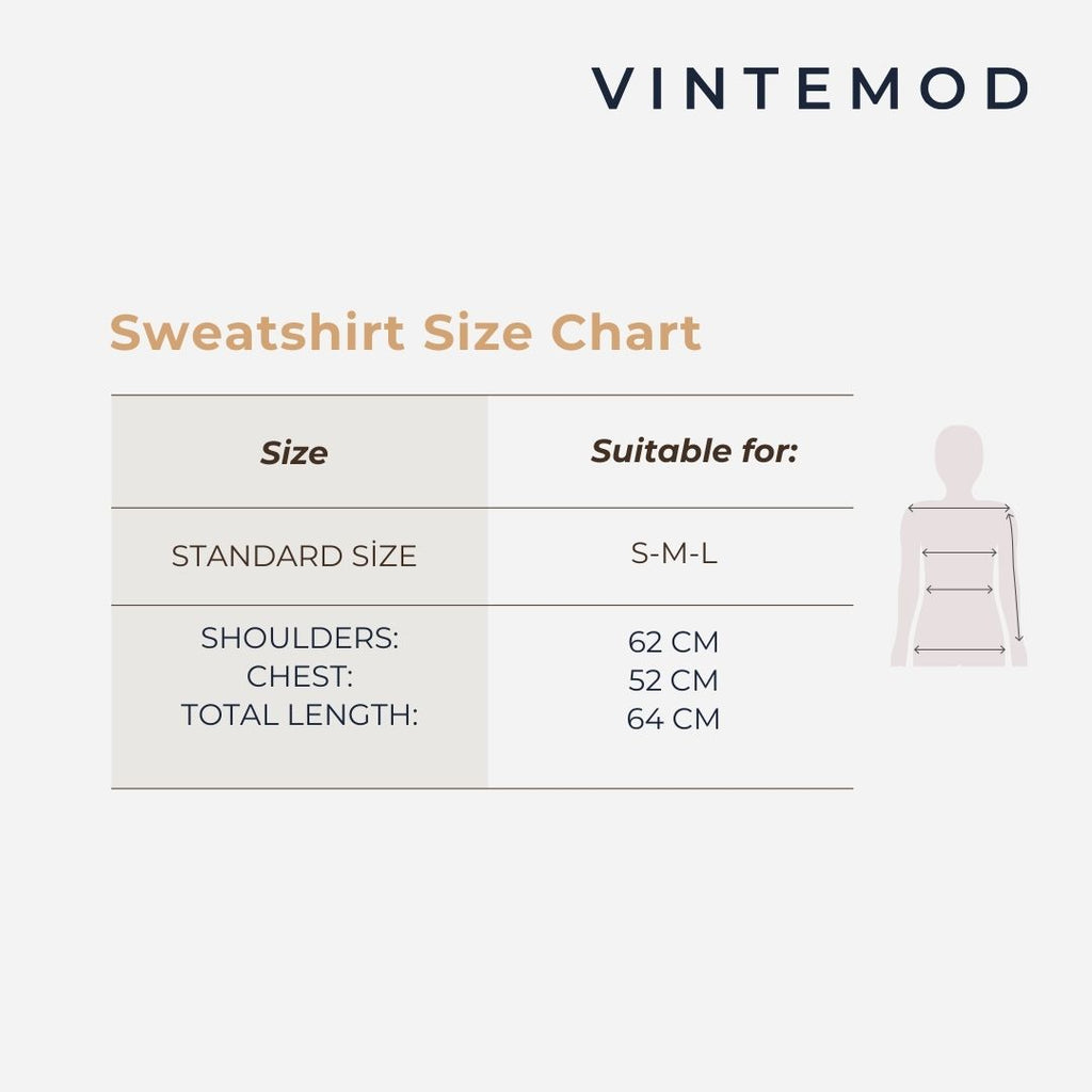 Sweatshirt size chart by VINTEMOD showing measurements for standard size: suitable for S-M-L, with shoulder 62 cm, chest 52 cm, and total length 64 cm, on a light gray background.
