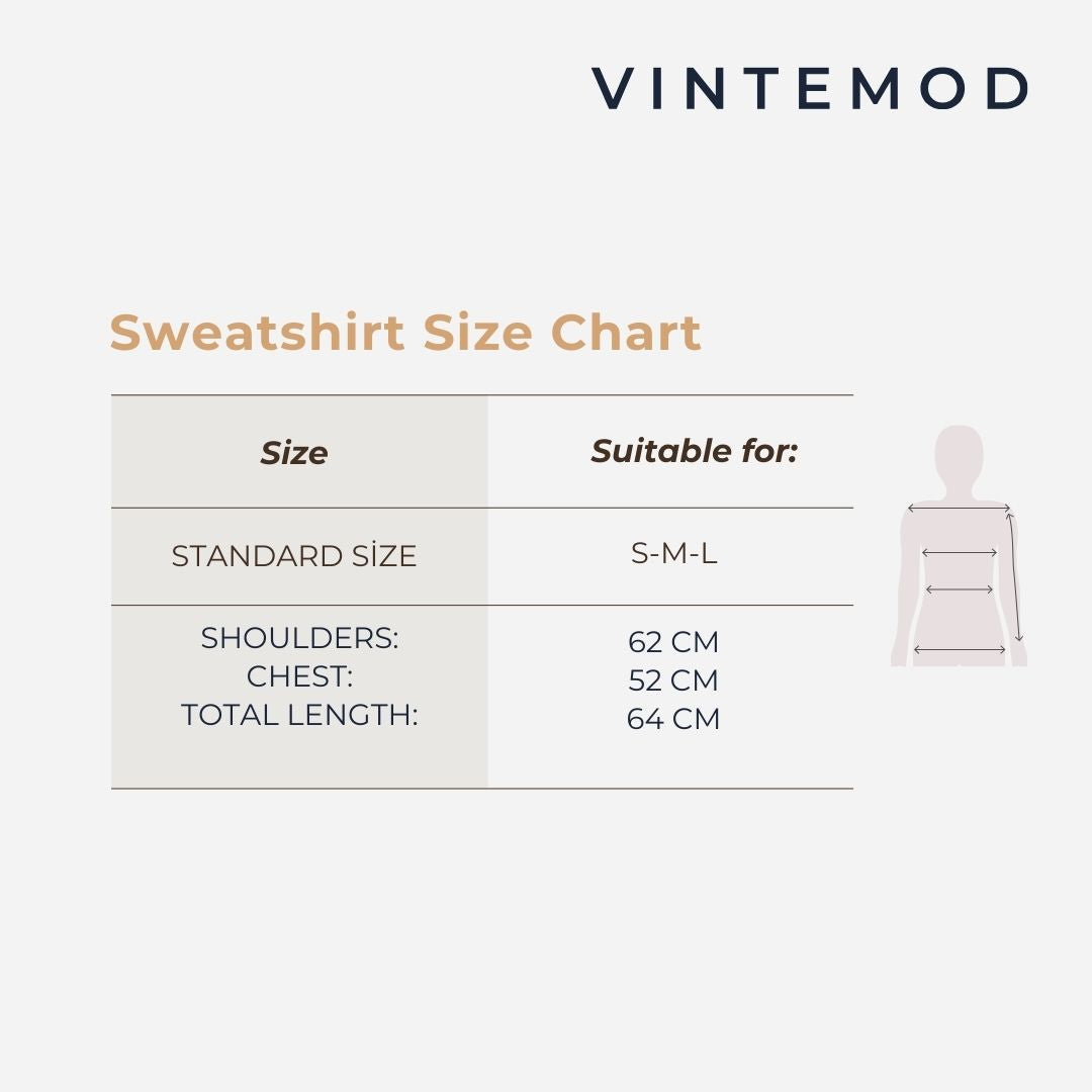 Sweatshirt size chart by VINTEMOD showing measurements for standard size: suitable for S-M-L, with shoulder 62 cm, chest 52 cm, and total length 64 cm, on a light gray background.