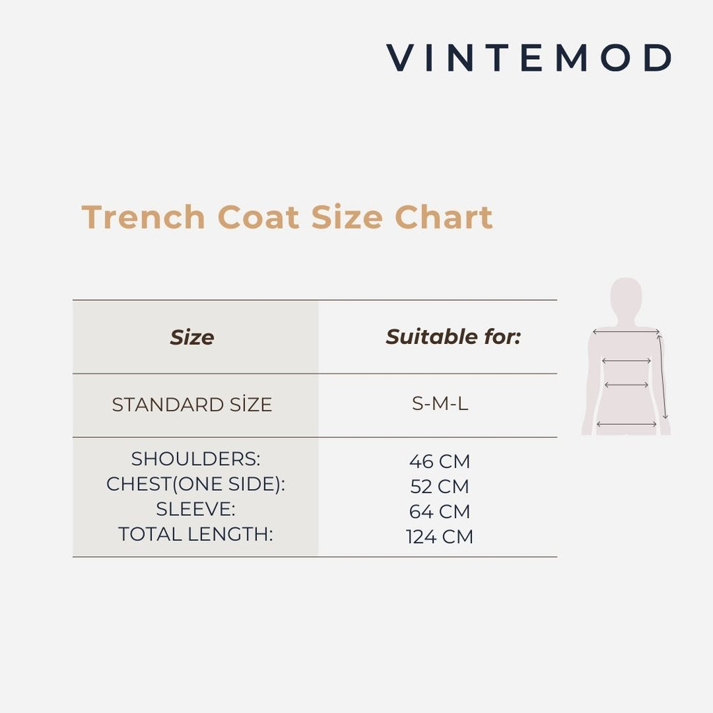 A Vintemod Trench Coat Size Chart graphic showing a table with measurements for S-M sizes, including shoulders, chest, sleeve, and total length, alongside a simple body silhouette diagram.