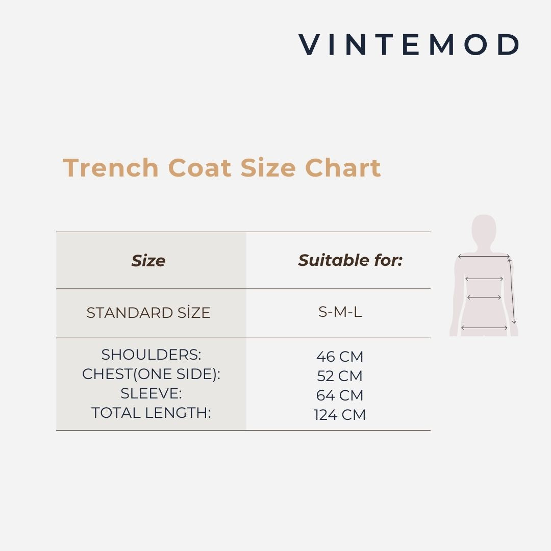 A Vintemod Trench Coat Size Chart graphic showing a table with measurements for S-M sizes, including shoulders, chest, sleeve, and total length, alongside a simple body silhouette diagram.