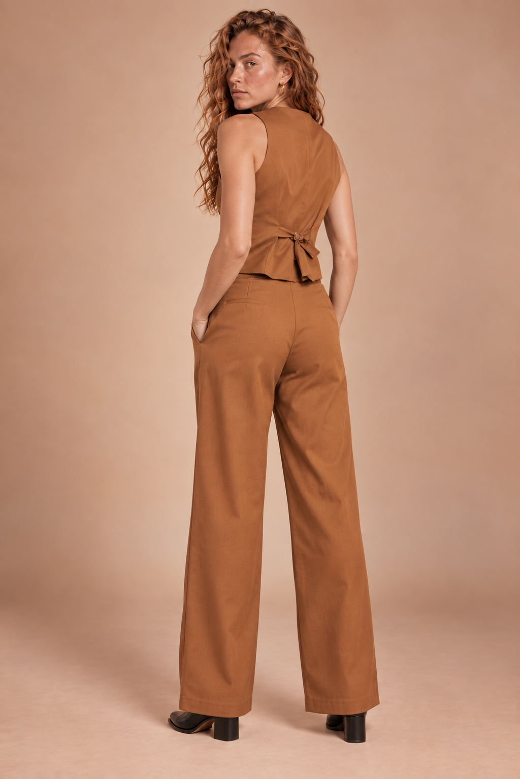 Women's Tan Brown Cotton Vest & Wide-Leg Trousers Set