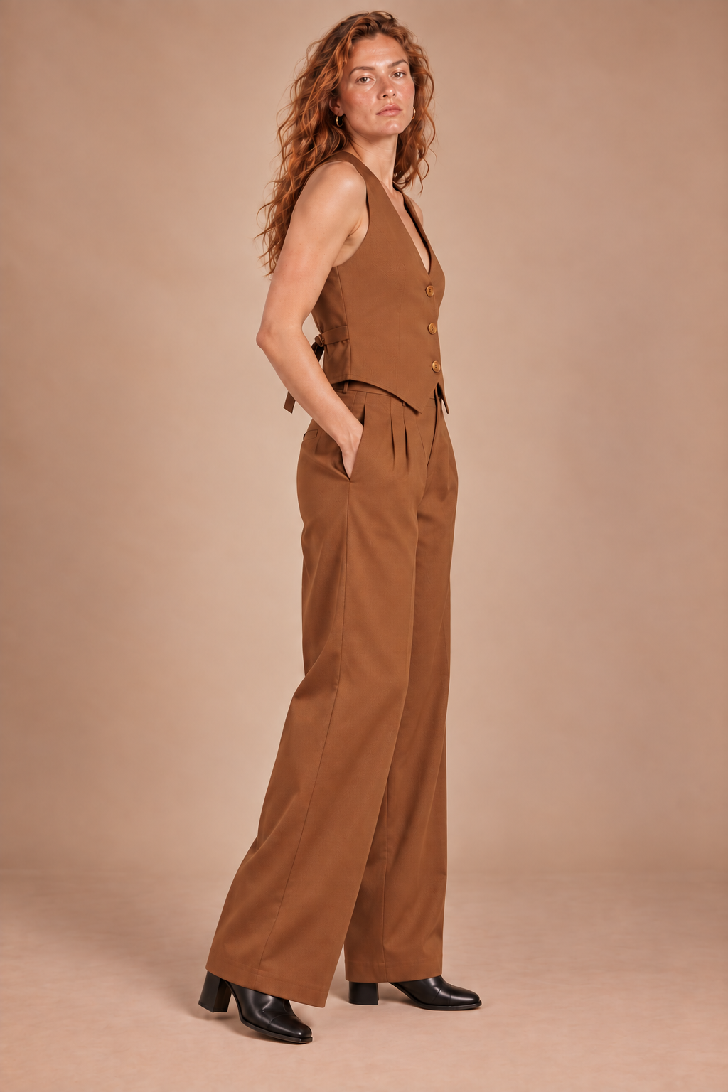 Women's Tan Brown Cotton Vest & Wide-Leg Trousers Set