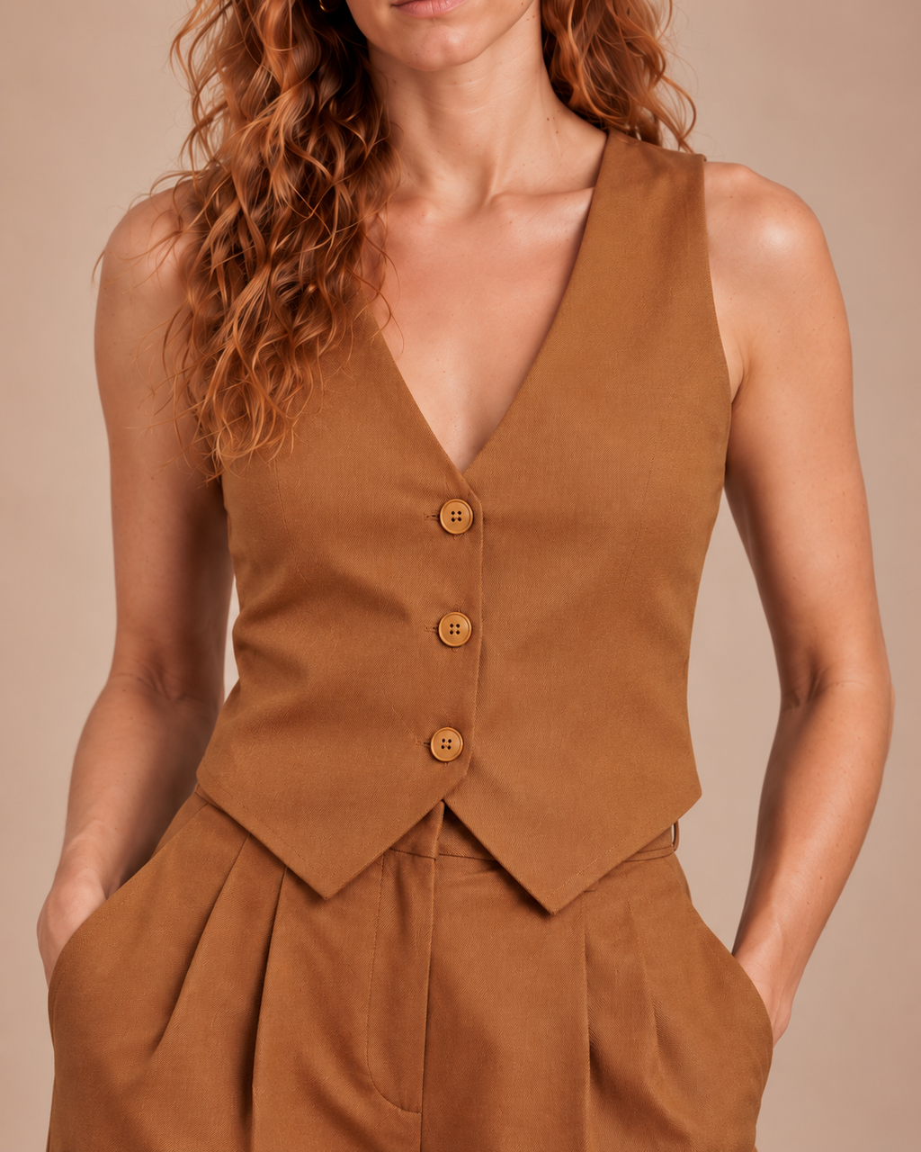 Women's Tan Brown Cotton Vest & Wide-Leg Trousers Set