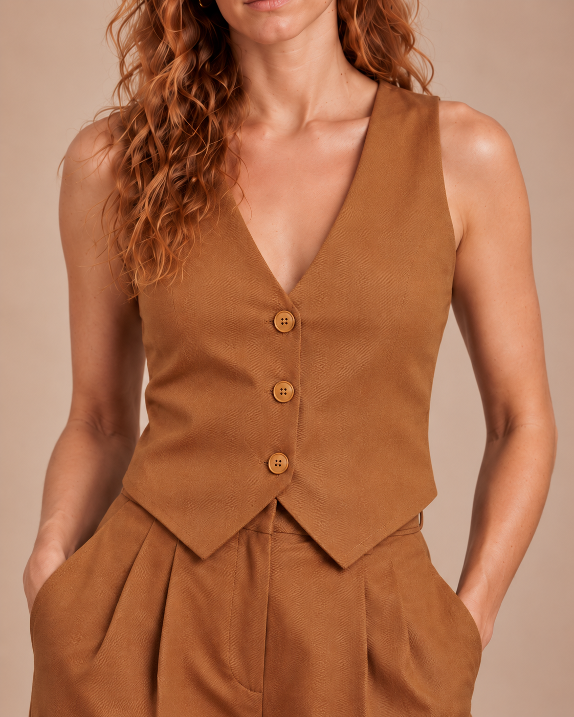 Women's Tan Brown Cotton Vest & Wide-Leg Trousers Set