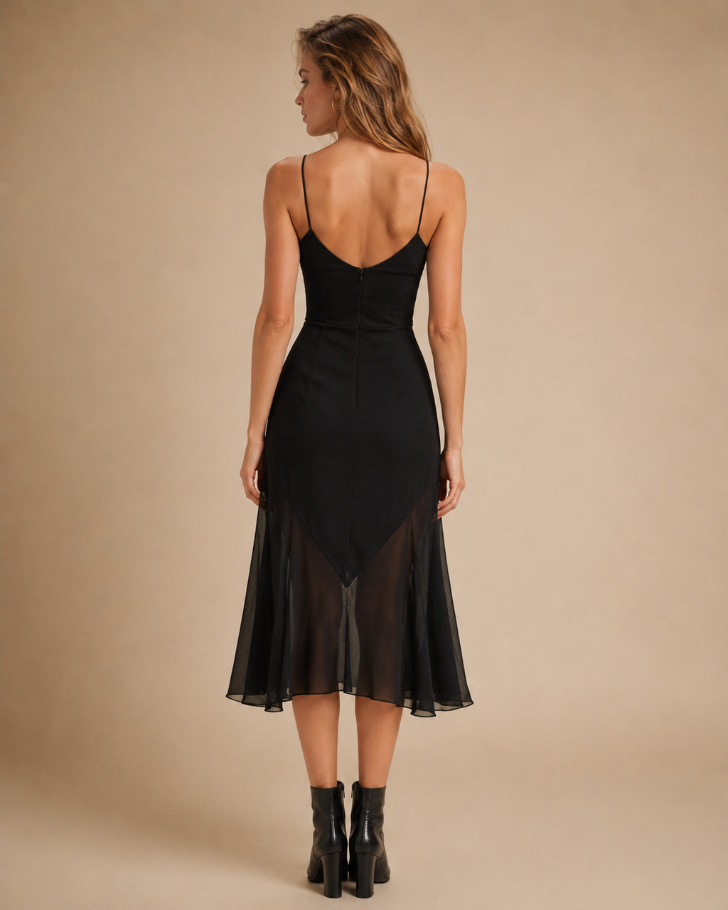 Women's Black Spaghetti Strap A-Line Dress with Sheer Chiffon