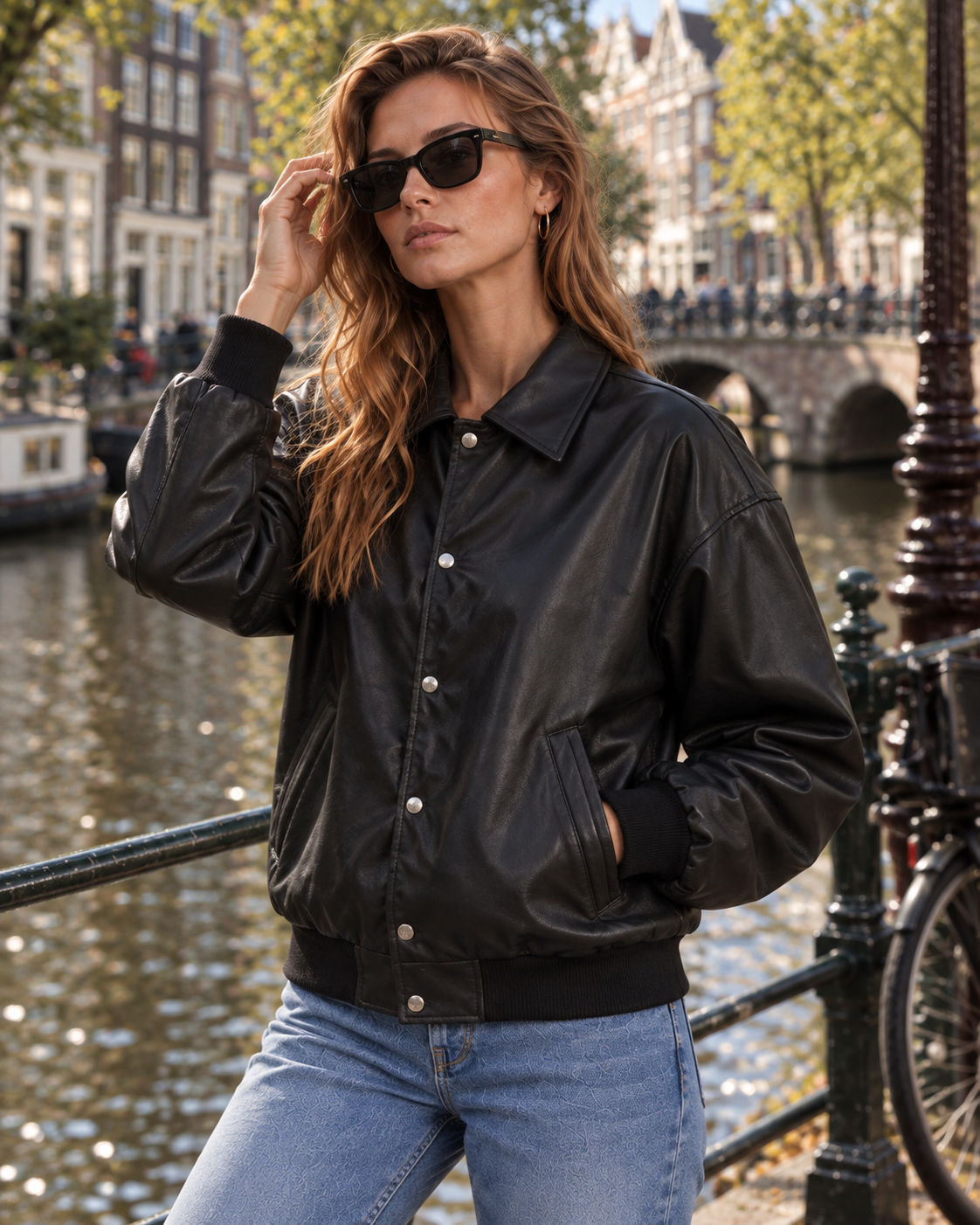 Unisex Black Vegan Leather Aviator Bomber Jacket Oversized Fit
