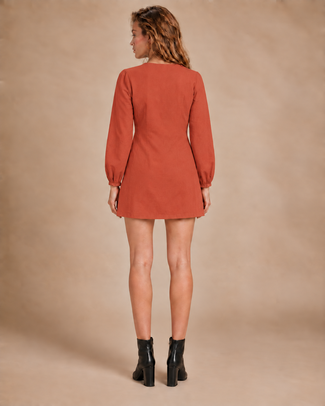 Reddish Brown 70s Patterned Cotton Linen Boho Dress
