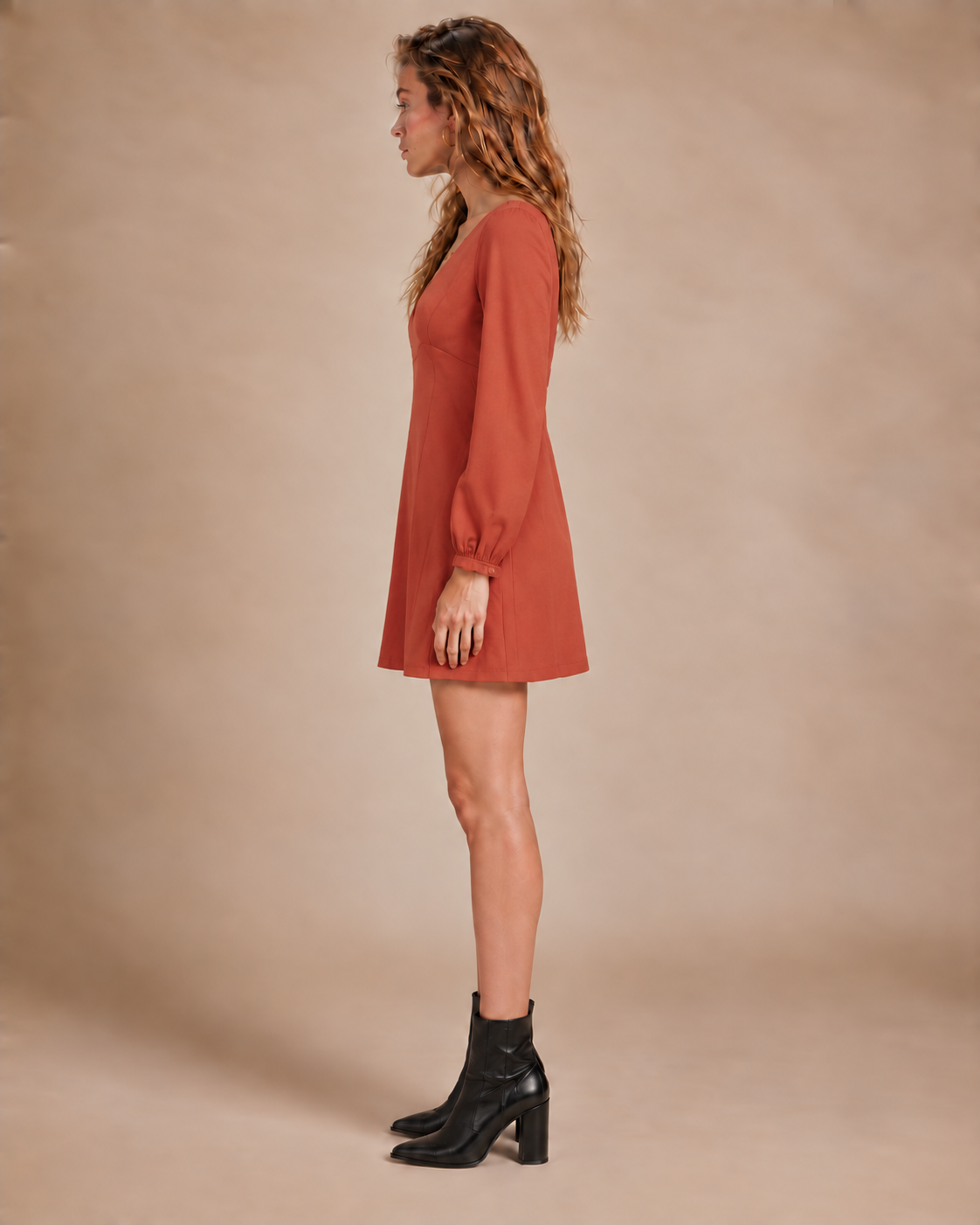 Reddish Brown 70s Patterned Cotton Linen Boho Dress