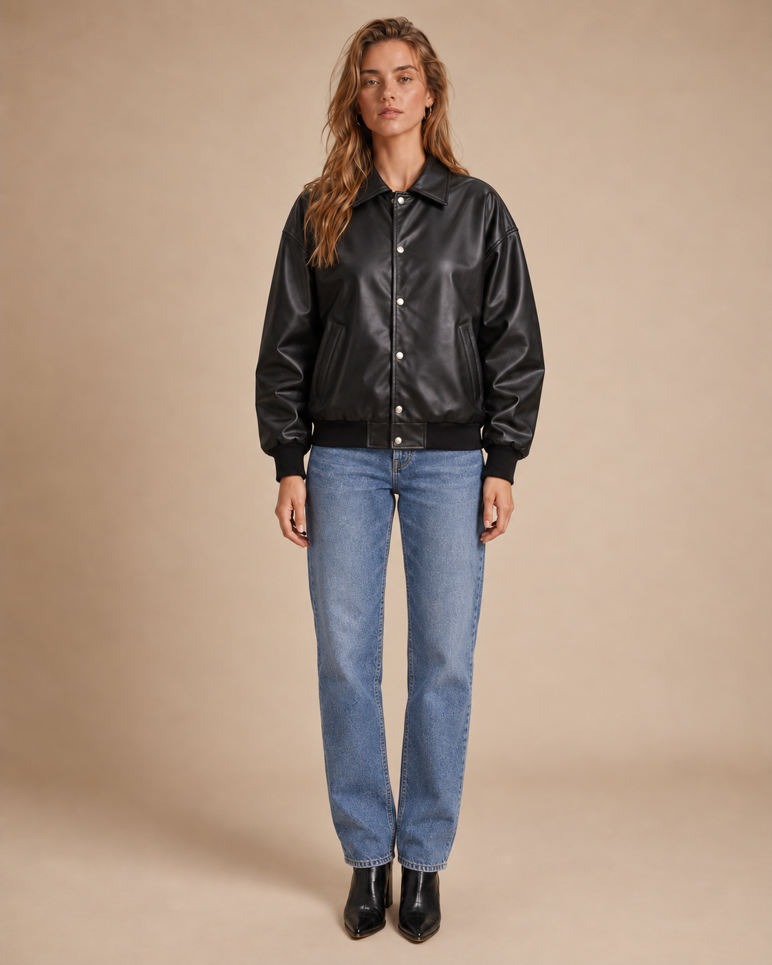 Unisex Black Vegan Leather Aviator Bomber Jacket Oversized Fit