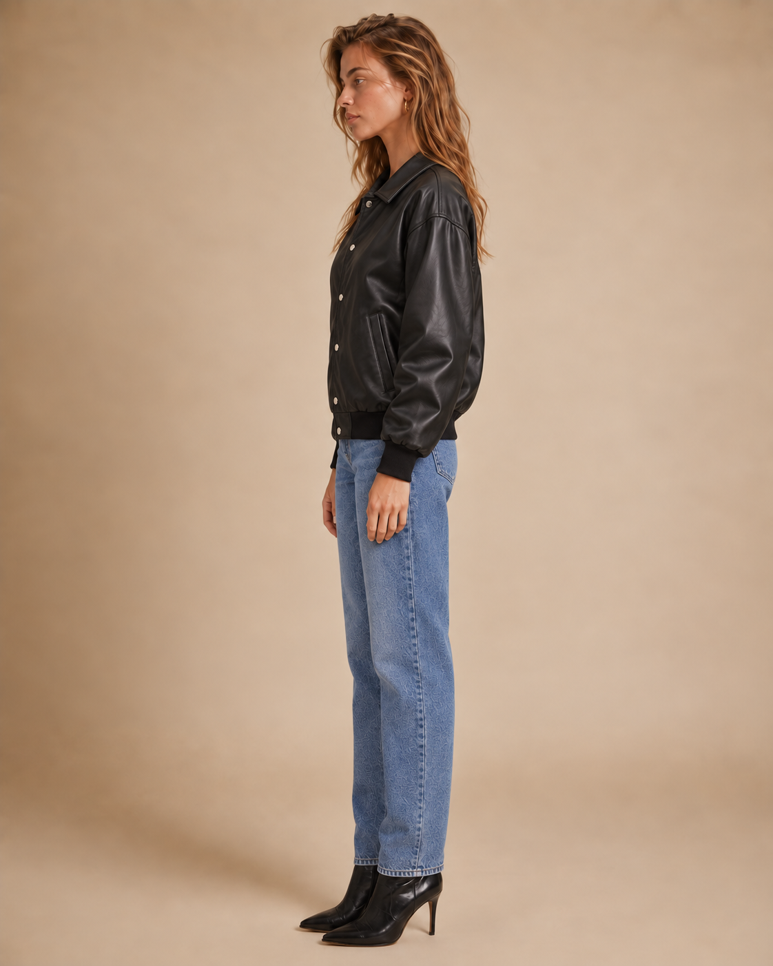 Unisex Black Vegan Leather Aviator Bomber Jacket Oversized Fit
