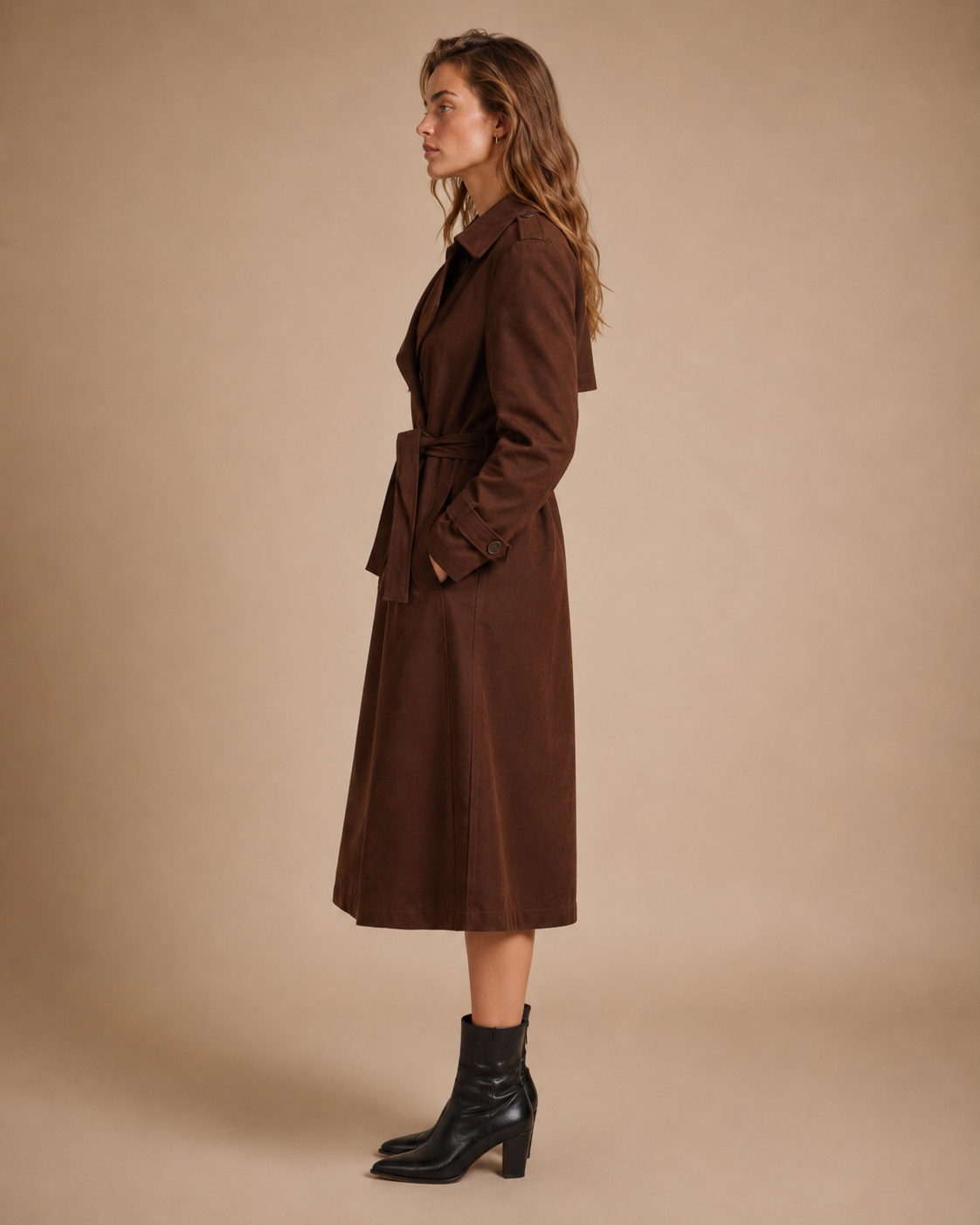 A woman stands in profile wearing a long brown belted coat and black ankle boots against a plain beige studio background.