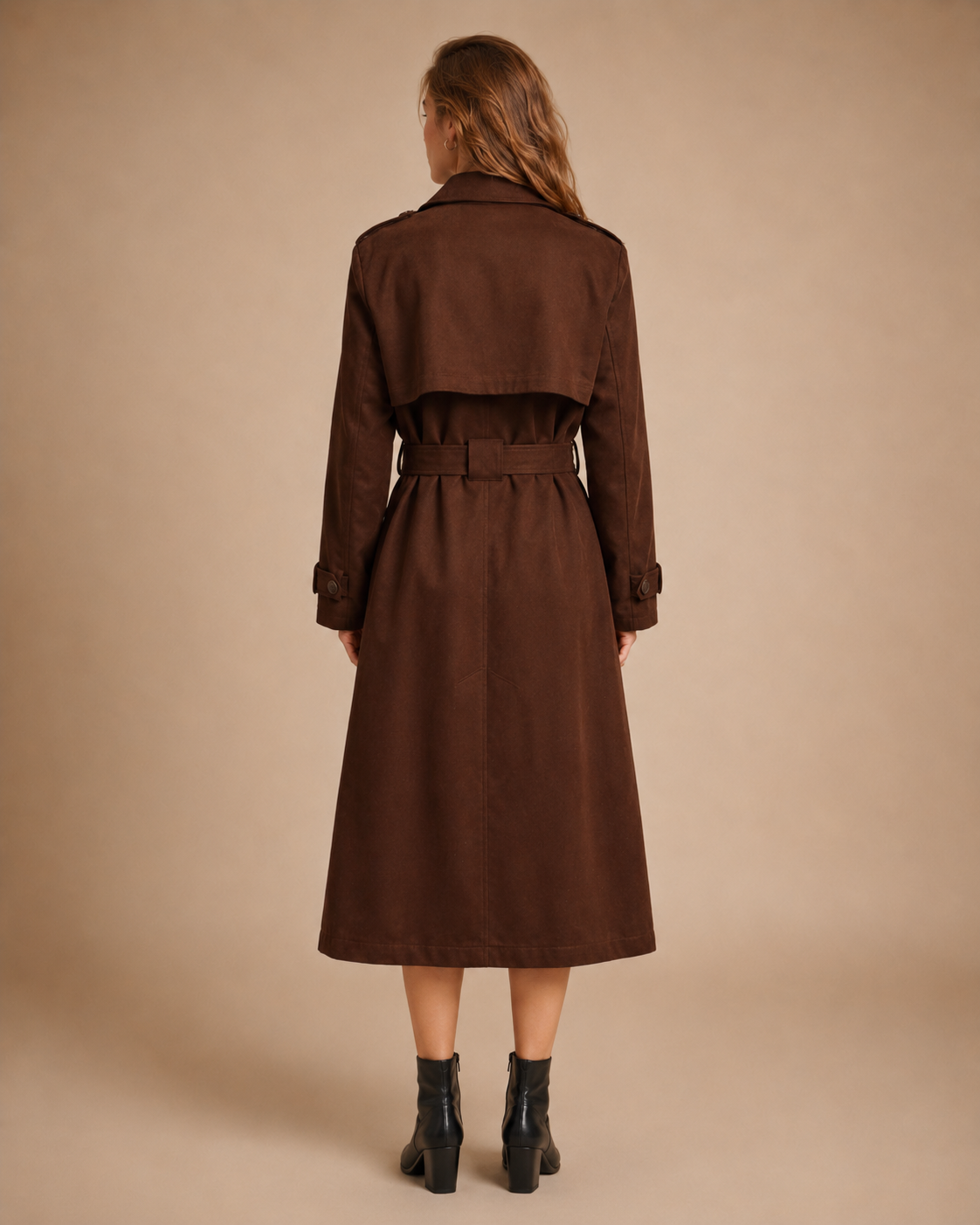 A woman viewed from behind wearing a dark brown trench coat with a matching belt, paired with black ankle boots, against a solid beige studio background.