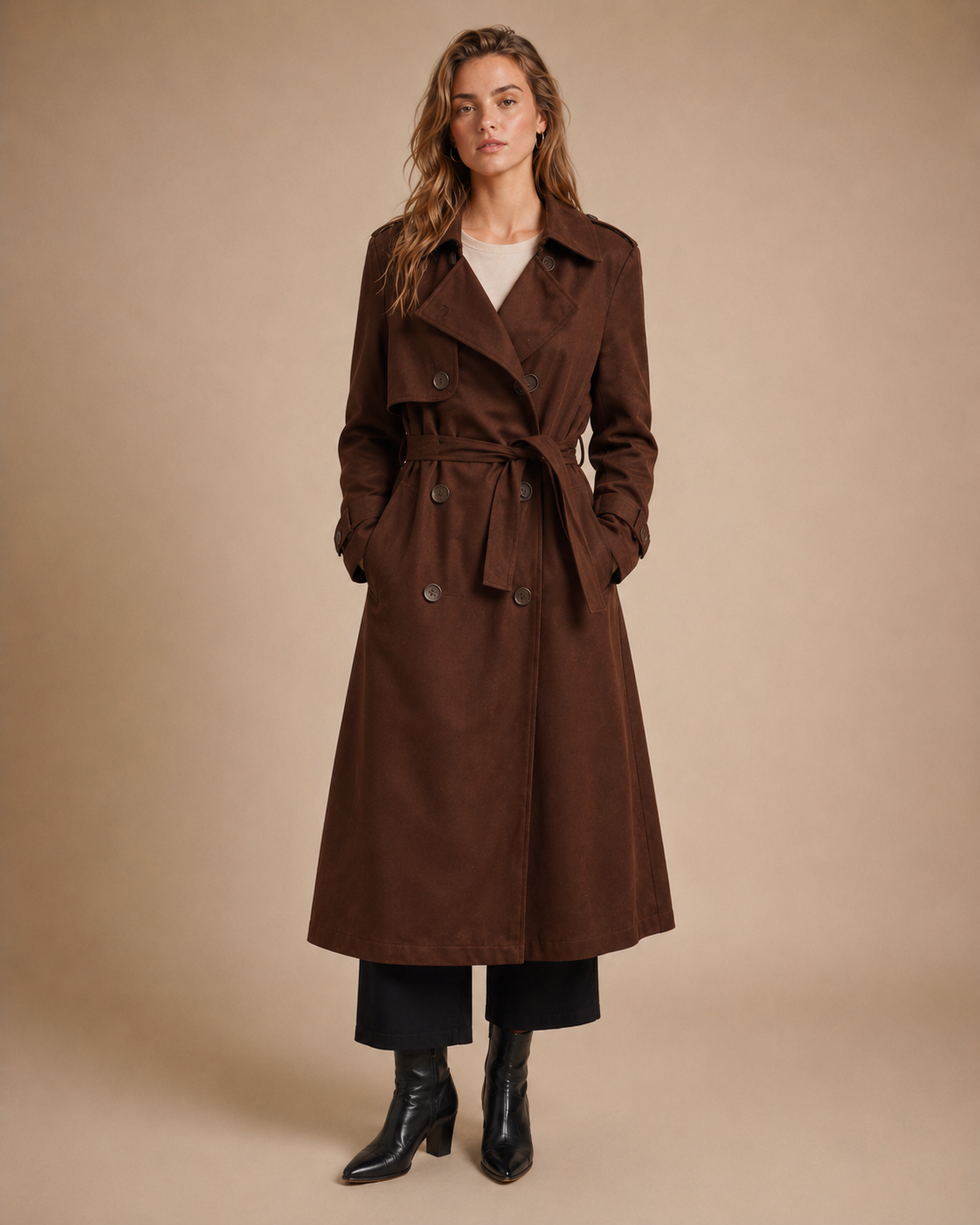 A woman models a long brown trench coat with a tie waist, double-breasted front, and large front pockets, paired with black cropped pants and black ankle boots, against a solid beige studio background.