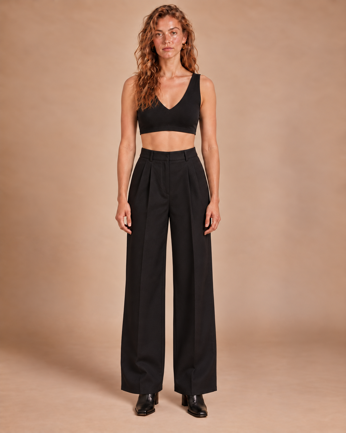 Women's Black Ribbed Cotton Double V-Neck Crop Top
