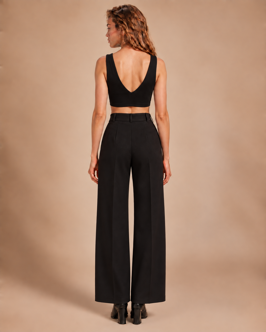 Women's Black Ribbed Cotton Double V-Neck Crop Top