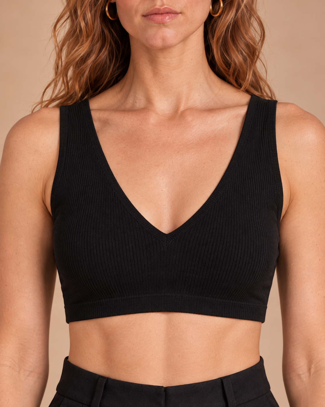 Women's Black Ribbed Cotton Double V-Neck Crop Top