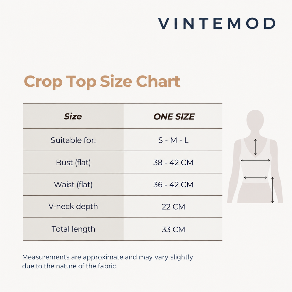 A Vintemod crop top size chart graphic on a light beige background, showing a table with measurements for sizes S-M-L, including bust, waist, V-neck depth, and total length, alongside a simple body outline indicating where to measure.