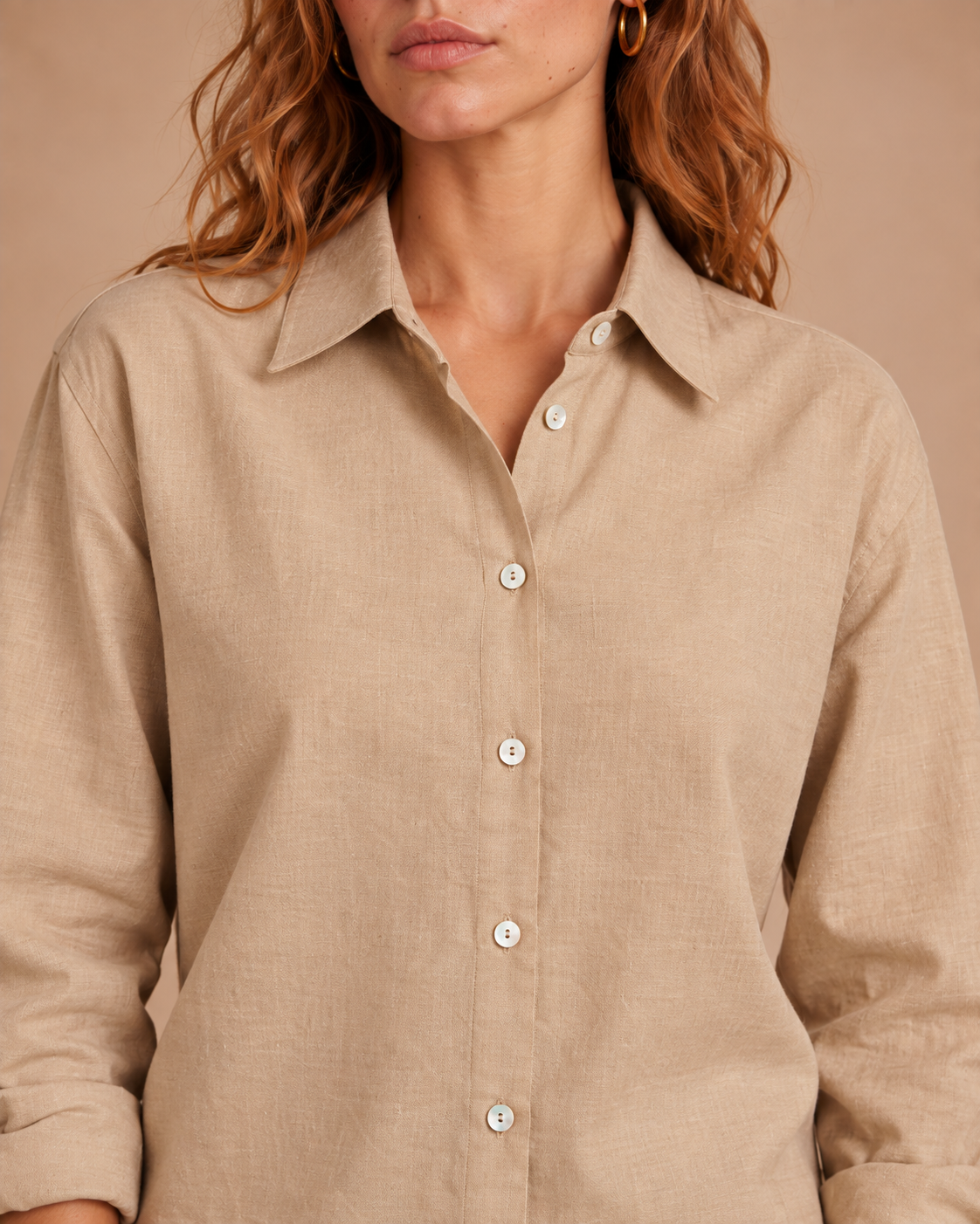Unisex Beige Linen Shirt with Seashell Buttons Relaxed Fit