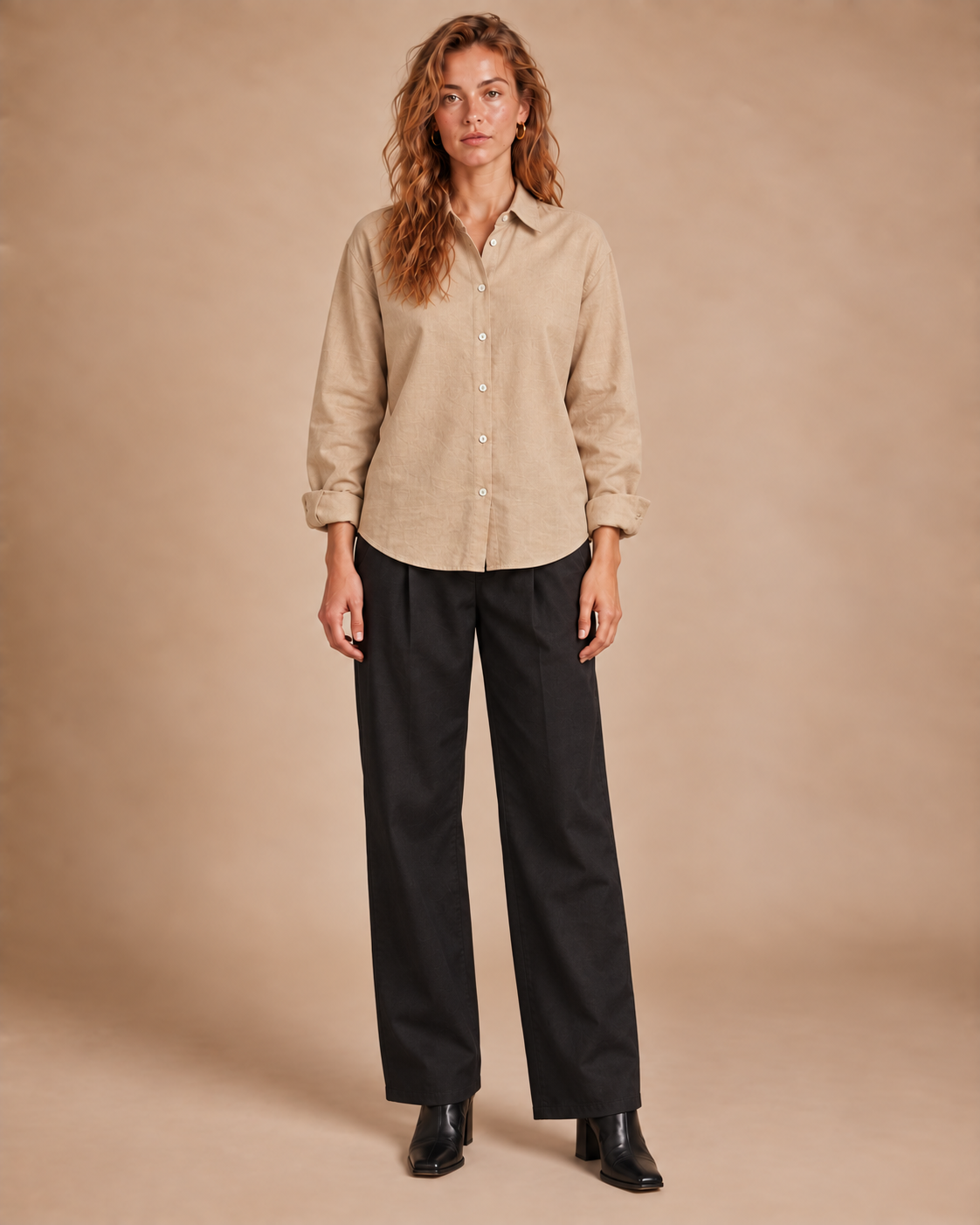 Unisex Beige Linen Shirt with Seashell Buttons Relaxed Fit