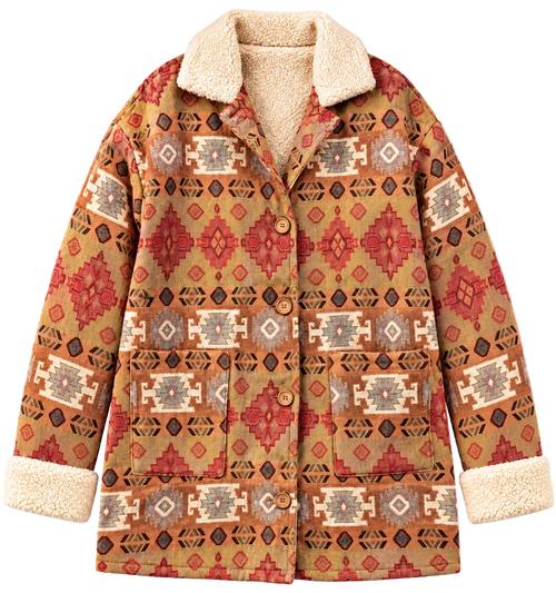 A women's button-front jacket featuring a Southwestern geometric pattern in rust red, brown, and beige, with a soft cream sherpa lining on the collar, cuffs, and interior.