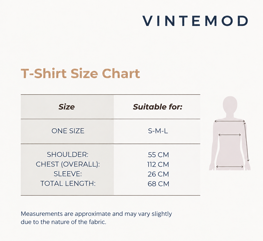 A Vintemod T-Shirt Size Chart graphic with a table showing measurements for one size garments, alongside a simple body silhouette diagram on a light gray background.