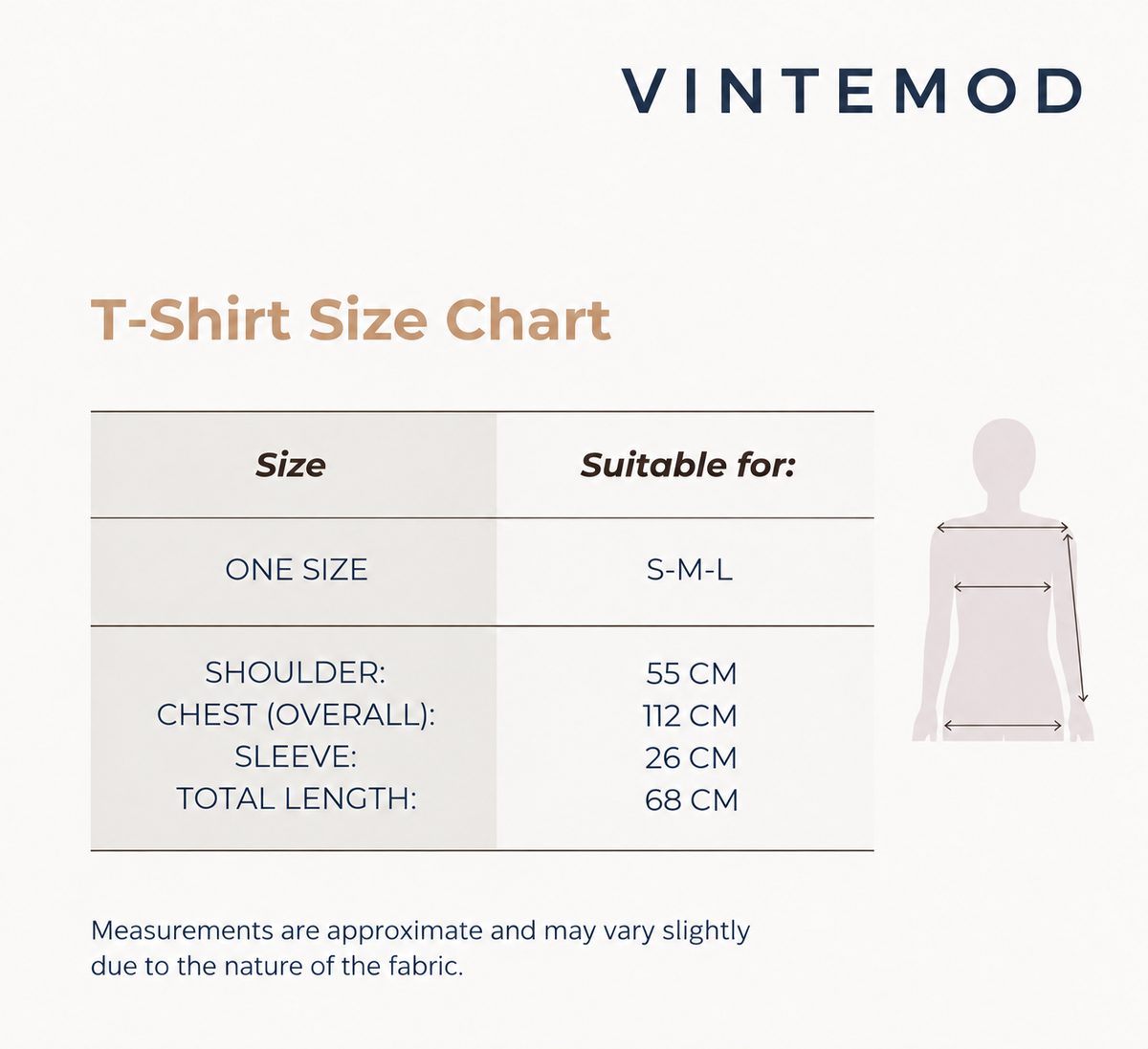 A Vintemod T-Shirt Size Chart graphic with a table showing measurements for one size garments, alongside a simple body silhouette diagram on a light gray background.