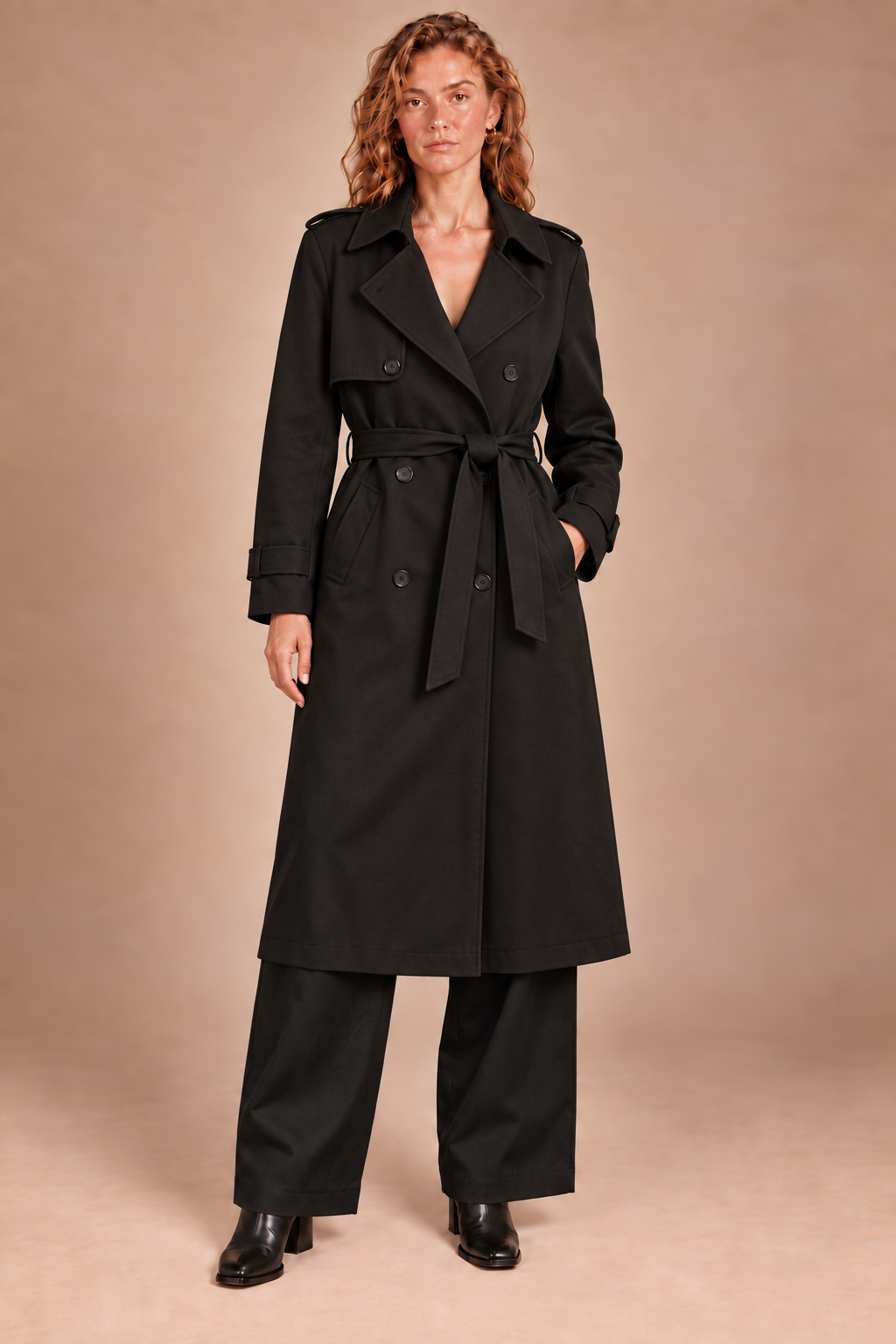 A woman modeling a long black double-breasted trench coat with a matching waist tie, paired with black wide-leg trousers and black shoes, against a solid warm beige studio background.