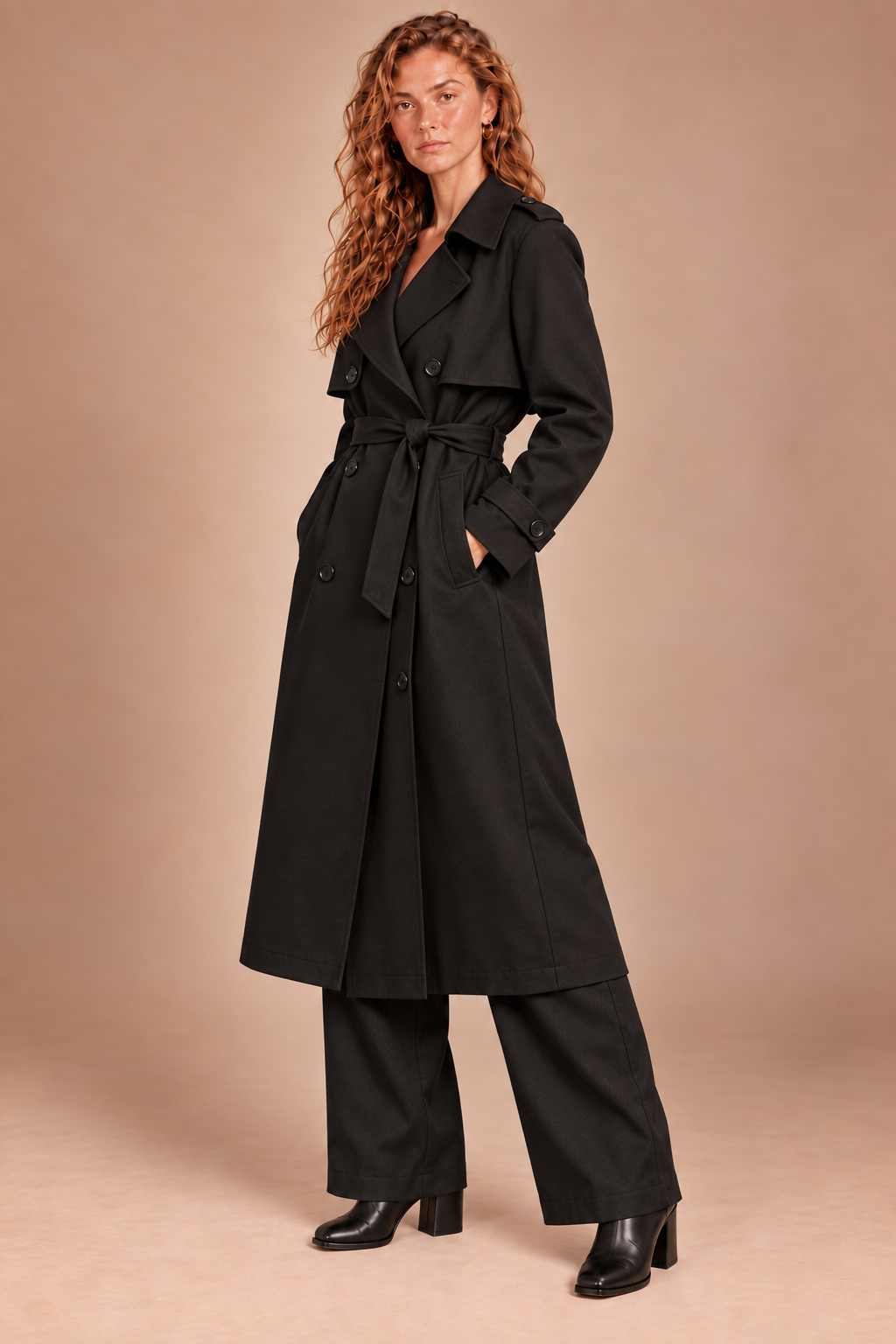 A woman modeling a long black double-breasted trench coat with a matching waist tie, paired with wide-leg black trousers and black ankle boots, against a solid beige studio backdrop.