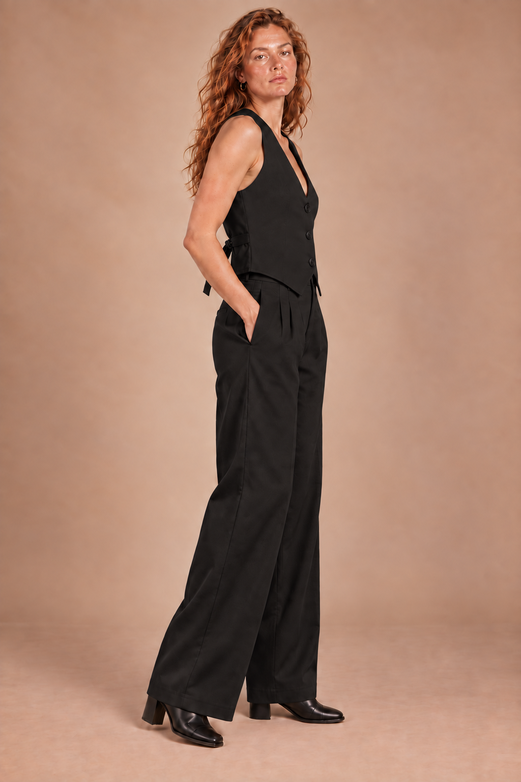 Women's Black Cotton Vest & Wide-Leg Trousers Set