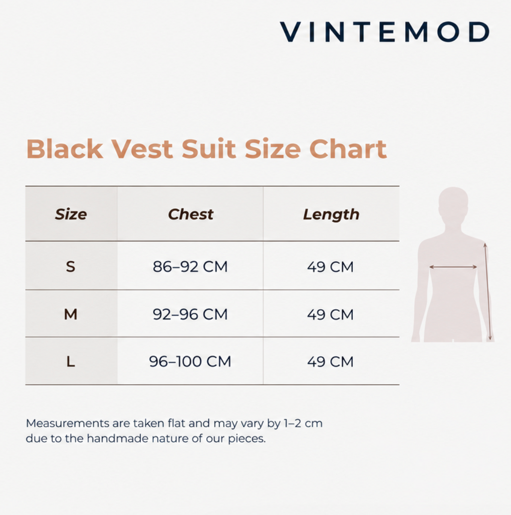 A sizing chart for a Vintemod black vest suit, showing a table with sizes S, M, and L, chest measurements in centimeters, and garment length in centimeters. A small body silhouette diagram is included on the right, with the Vintemod brand name at the top.