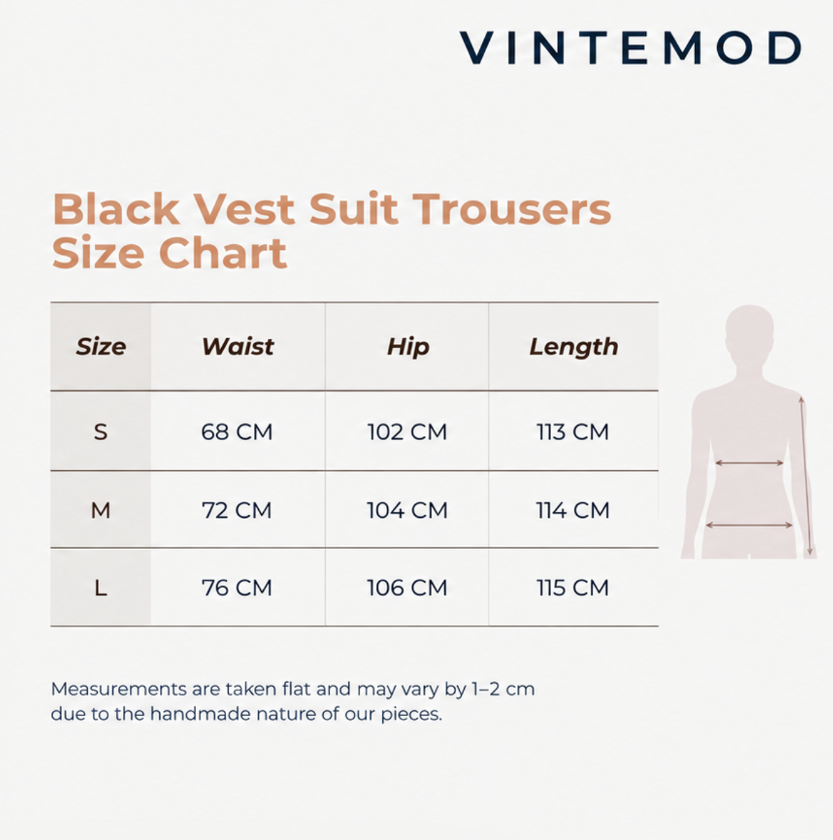 A sizing chart graphic for Vintemod Black Vest Suit Trousers, showing waist, hip, and length measurements for sizes S, M, and L with a small body silhouette diagram on a light beige background.