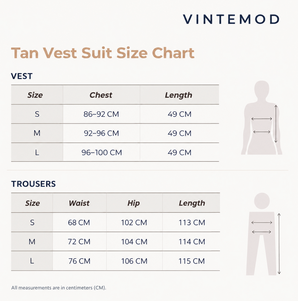 Tan Vest Suit Size Chart by Vintemod showing measurements for vest and trousers sizes S, M, and L with chest, waist, hip, and length columns, plus body silhouette diagrams.