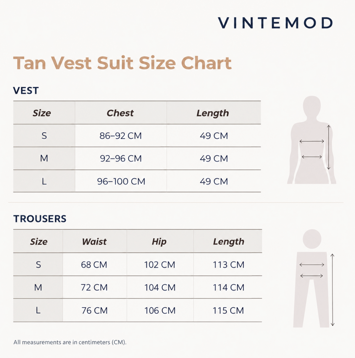 Tan Vest Suit Size Chart by Vintemod showing measurements for vest and trousers sizes S, M, and L with chest, waist, hip, and length columns, plus body silhouette diagrams.